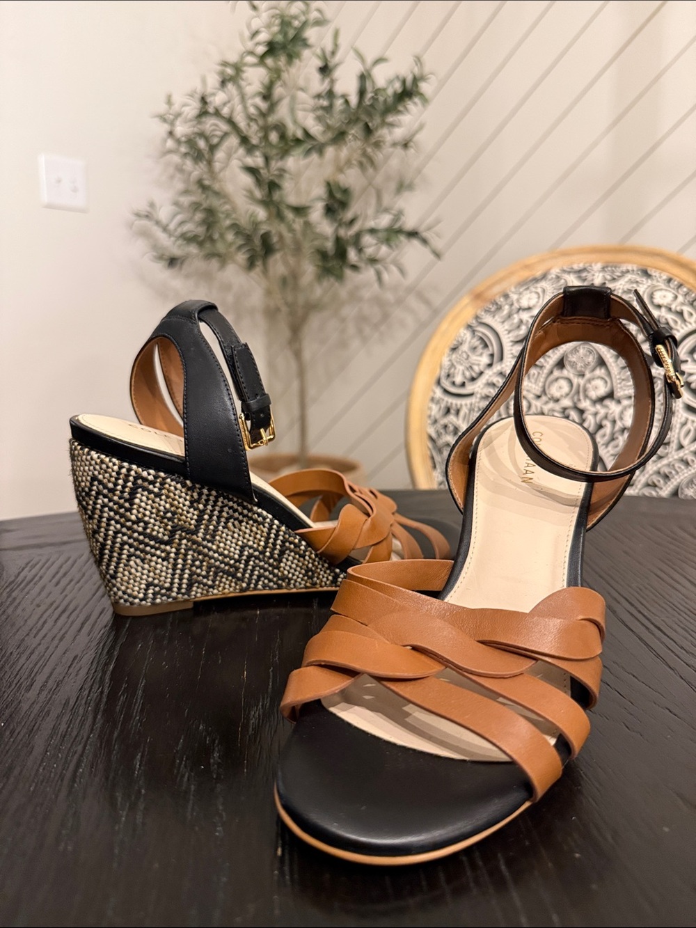 Cole Haan Brown Leather Braided Wedge Sandals with Black Ankle Strap